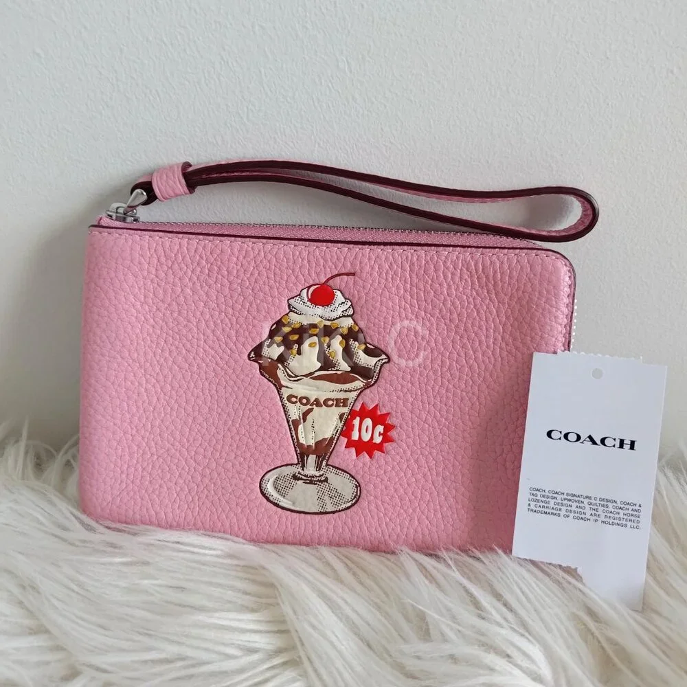 Coach Corner Zip Wristlet With Sundae Graphic CU254 pink ice cream